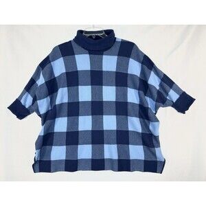 Alfani Women's Sweater 2X 3/4 Sleeve Pullover Turtle Neck Blue Check